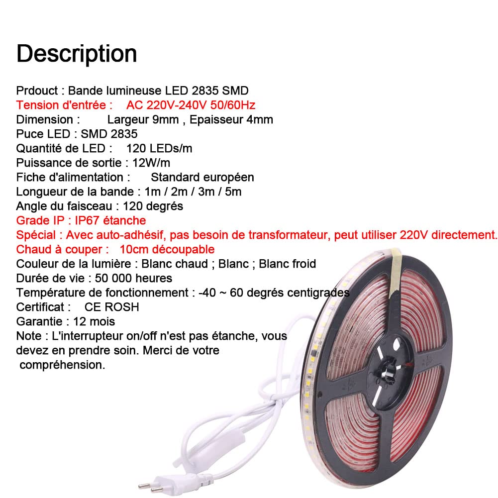 pcning IP67 Impermeabile Strip LED Adesiva 220V 2M 2835 120 leds/m Flessibile Striscia Bianco Freddo 6000K, Strisce LED 220 Volt da Esterno 2 Metri (Bianco Freddo, 2.00)
