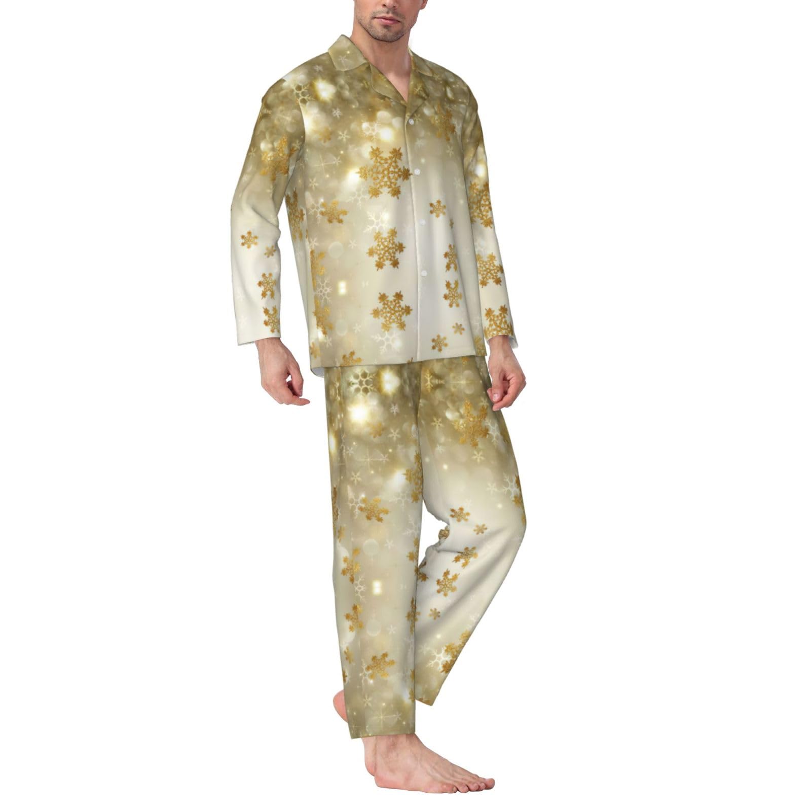 Weihnachtspyjama-Set für Herren, aus Seide, langärmelig, Hemd und Hose, 2-teilig, goldfarben