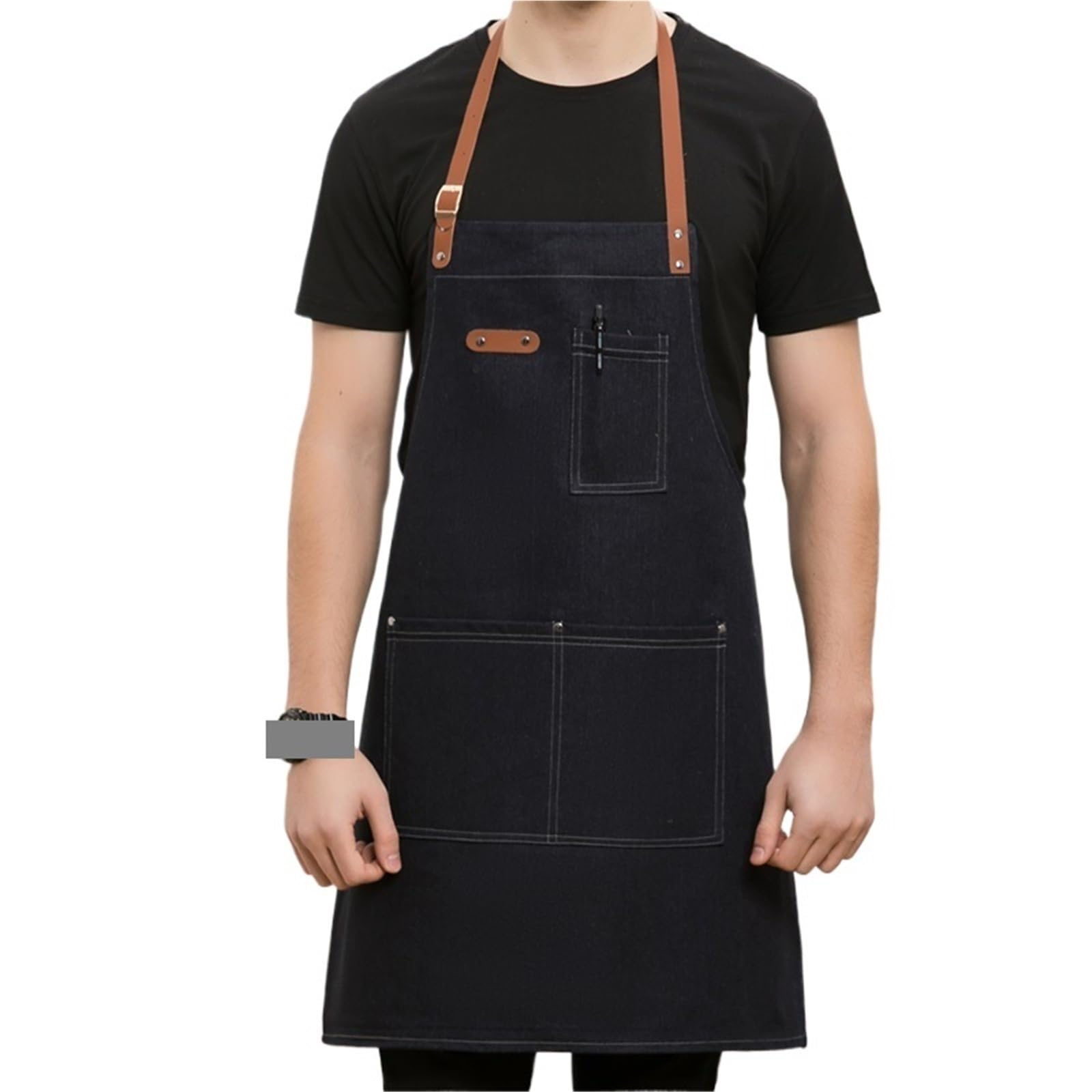 Delantal de trabajo de mezclilla con correa de cuero y bolsillos, uniforme de camarero for estudio de belleza, barbería, cafetería, mercado, panadería. para Soldadura, Herrero
