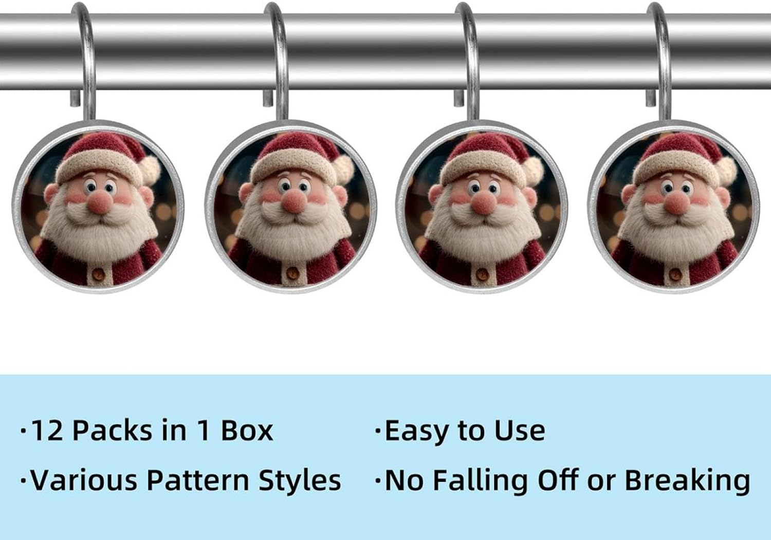 Cute Santa Claus (2) Rolling Shower Curtain Hooks,Clear Crystal Glass Art Decorative Stainless Bath Bathroom Set 12 Pcs