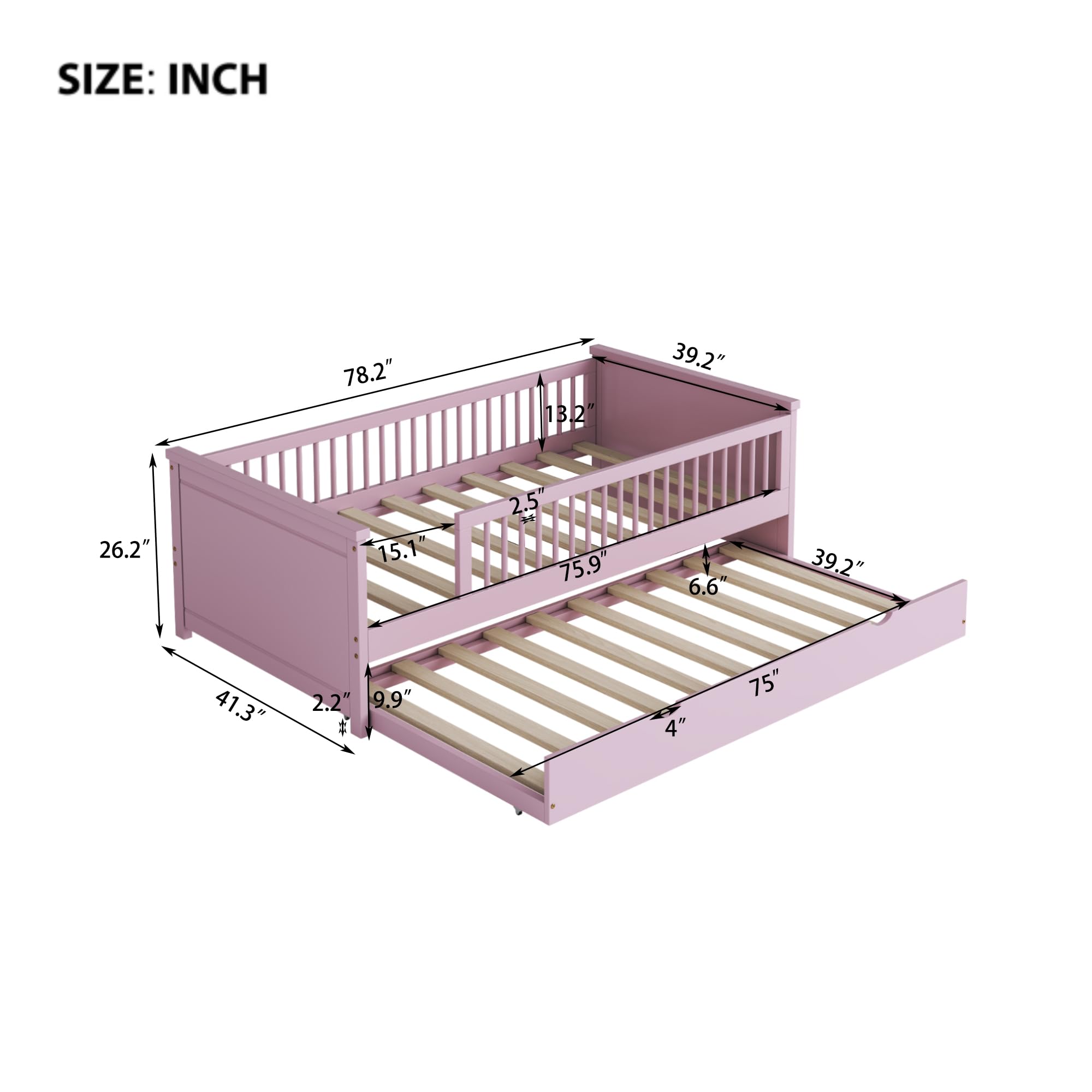 BEDGJH Twin Size Bed Frame, Wood Twin Size Platform Bed with Guardrail and Trundle for Bedroom Living Room Kids Adults, No Box Spring Needed (Pink)