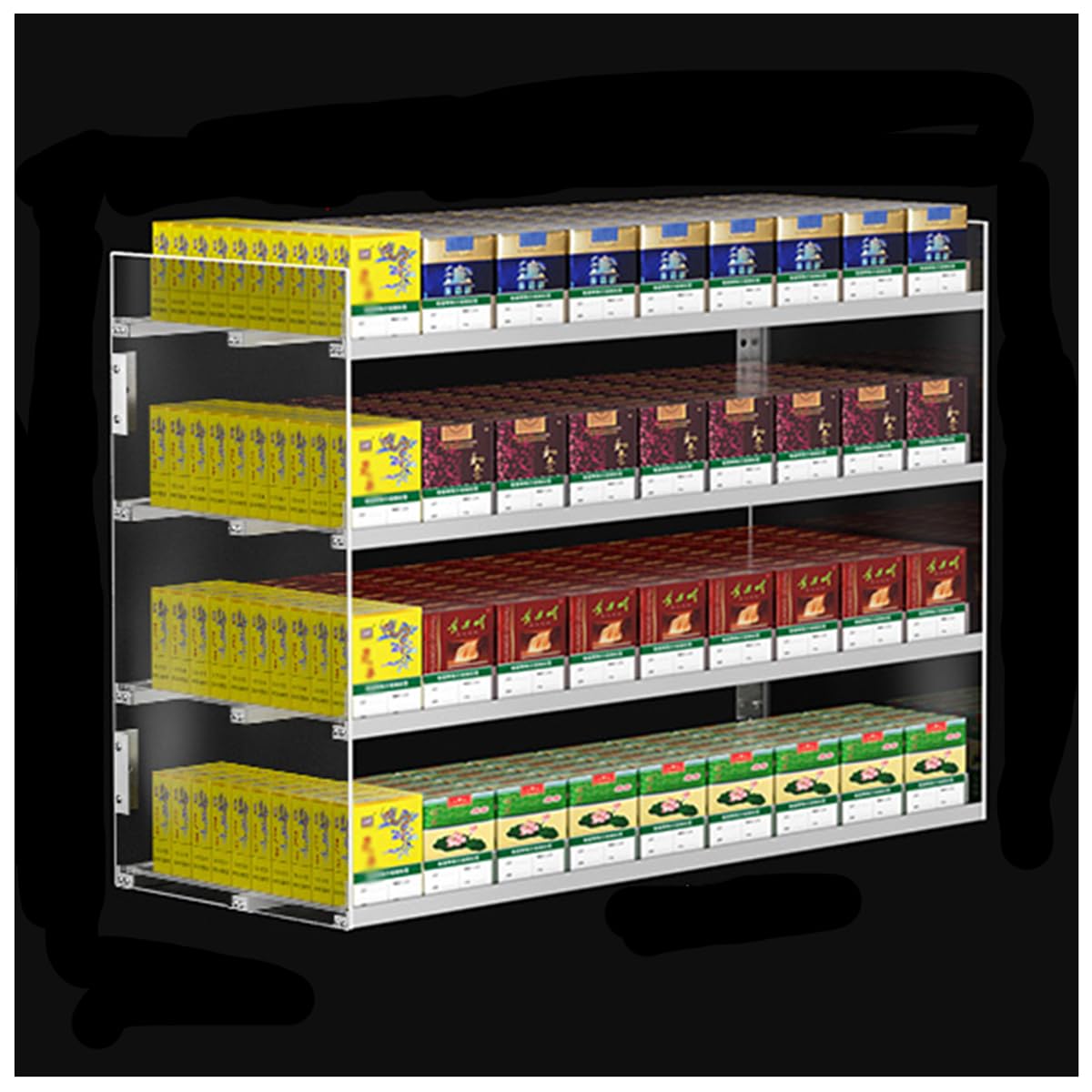 Espositore per Sigarette da Parete - Scaffale in Acrilico a 4 Ripiani con 9 colonne, espositore Automatico da banco per Sigarette, Ideale per l'allestimento di Negozi e vetrine.