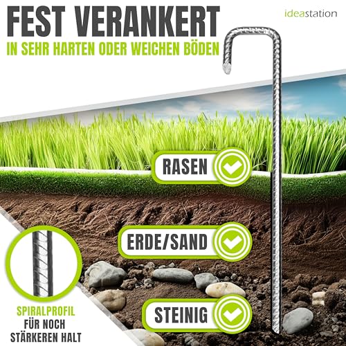idea-station Bodenanker 6 Stück - 30 cm lang - Ø 8 mm - rostfreie Erdanker aus Bewehrungs-Stahl - sichere Boden Verankerung für Trampolin - Massive Erdhaken für den Garten