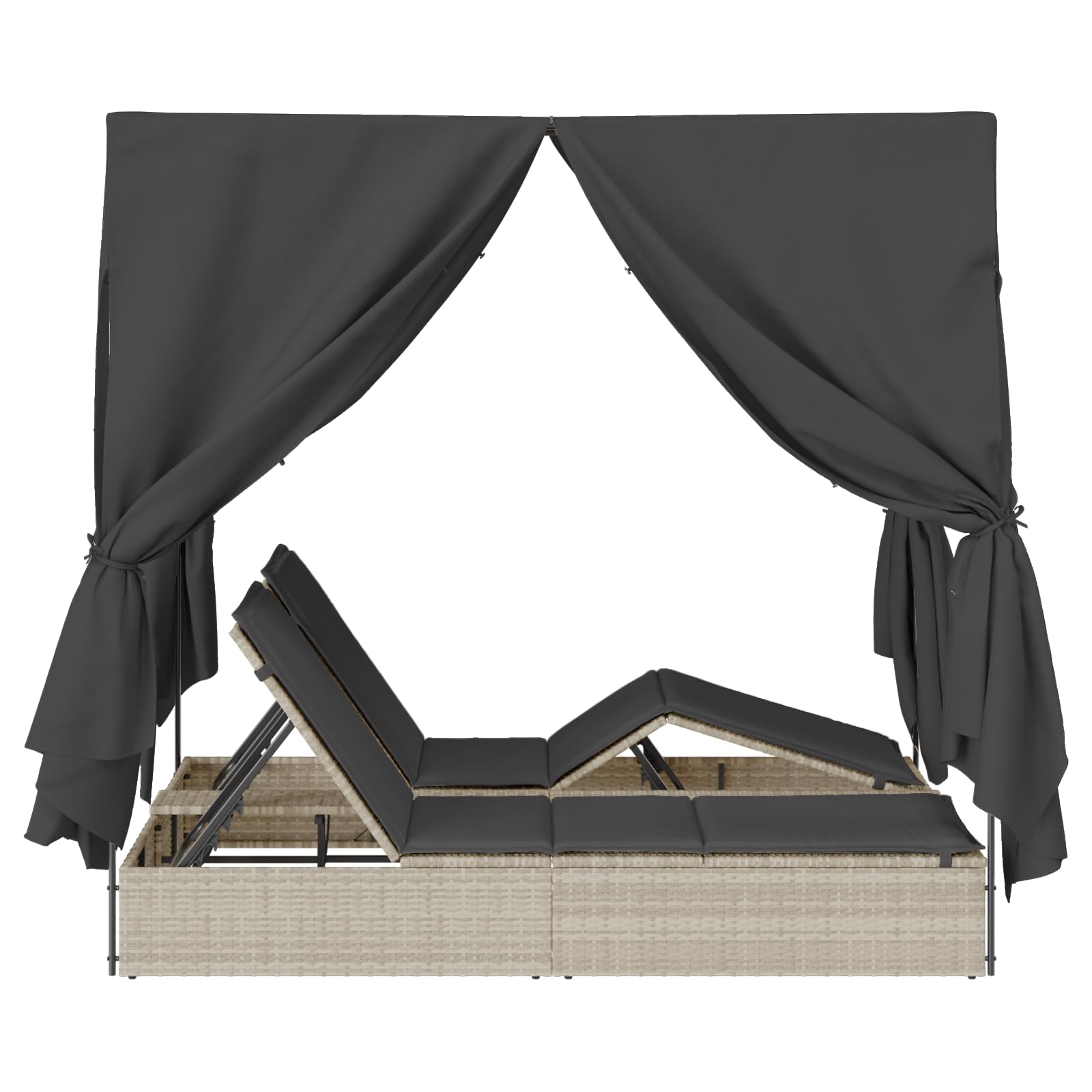 Chaise longue double avec toit et rideaux gris clair en polyrotin - Lit de jour d'extérieur avec auvent pour deux personnes, appuie-tête réglables et coussins résistants aux intempéries