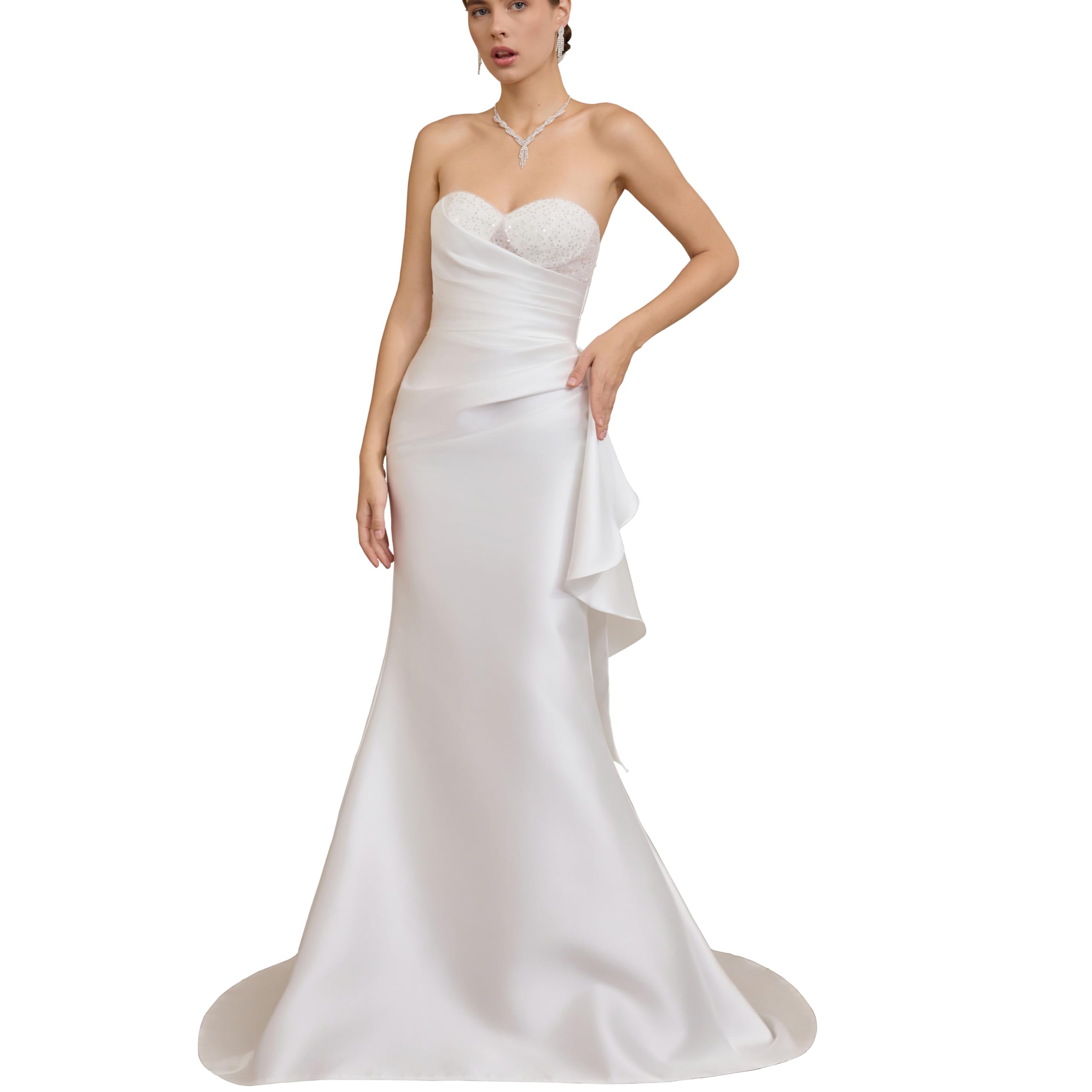 Photo 1 of ZHEXUDAI Strapless Satin Mermaid Wedding Dress Sweetheart Neck Ruffled Back Train White