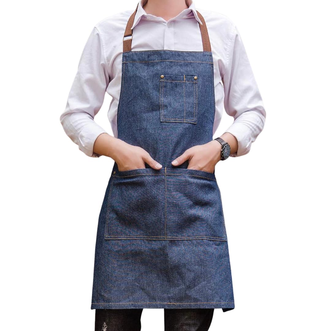 Contour Couture KitchenChef Unisex Bib Denim Apron - Adjustable, Multi-pocket for Family Chef