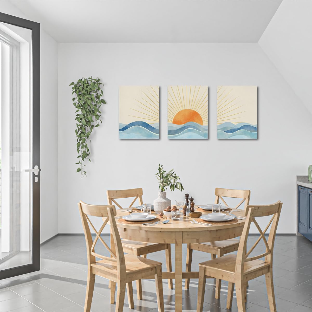 Boho Sun Ray Framed Canvas Wall Art Decor Set of 3, Neutral Geometric Sun Rising on the Sea Painting Artworks for Wall, Minimalist Art Picture for Home Living Room Bathroom Office, 11.4"x15"