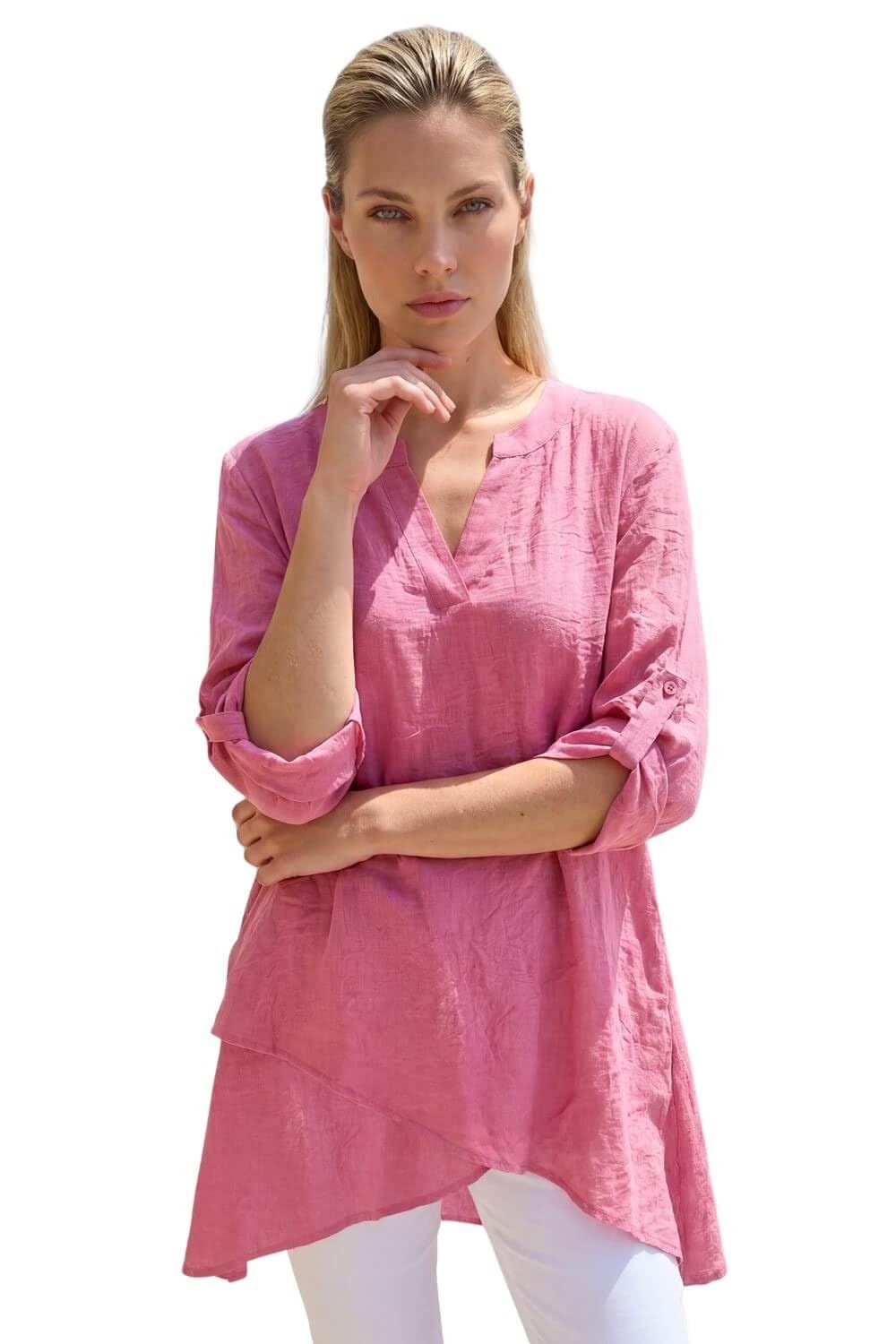 Roman Women's Pink V-Neck Wrap Hem Tunic Top In | : Size 12