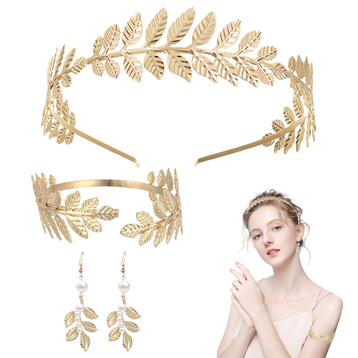 Jinsion 3 Piezas Accesorios Disfraz Diosa Griega para Mujer, Corona de Hojas Romanas, Brazalete Espiga, Romano Laurel Diademas Pendientes de Perlas, Juego de Disfraz Diosa Griega para Bodas, Fiestas, Bailes