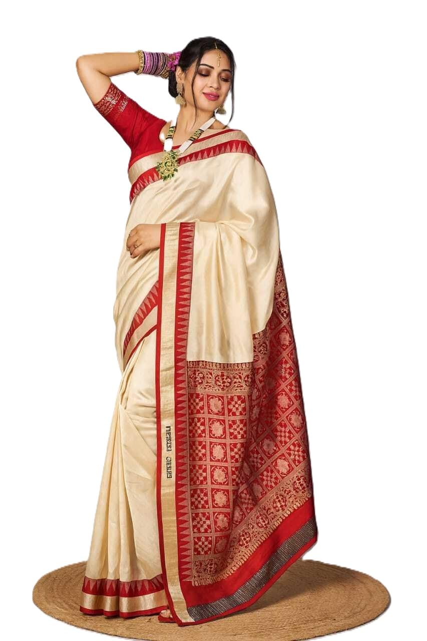 Bengali Silk Saree for Women Tussar Cream Banarasi Garad Handloom Pure Kanjivaram Soft Beige Saree Red Temple Border Durga Puja Wedding & Festival Wear Sari with Red Blouse Piece-image-17