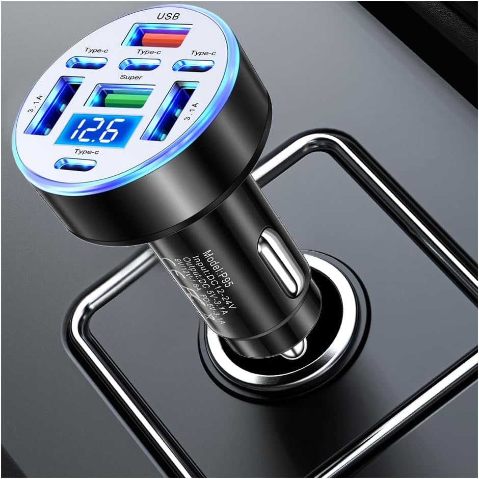 8 Port Type-C & USB Car Charger Adapter with 25W Fast Charging,12/24V Car Cigarette Lighter USB Charger with Voltage Display & Flexible Light,Upgraded Fast Cars Chargers 8 Port Type-C & USB Car Charger Adapter with 25W Fast Charging,12/24V Car Cigarette Lighter USB Charger with Voltage Display & Flexible Light,Upgraded Fast Cars Chargers