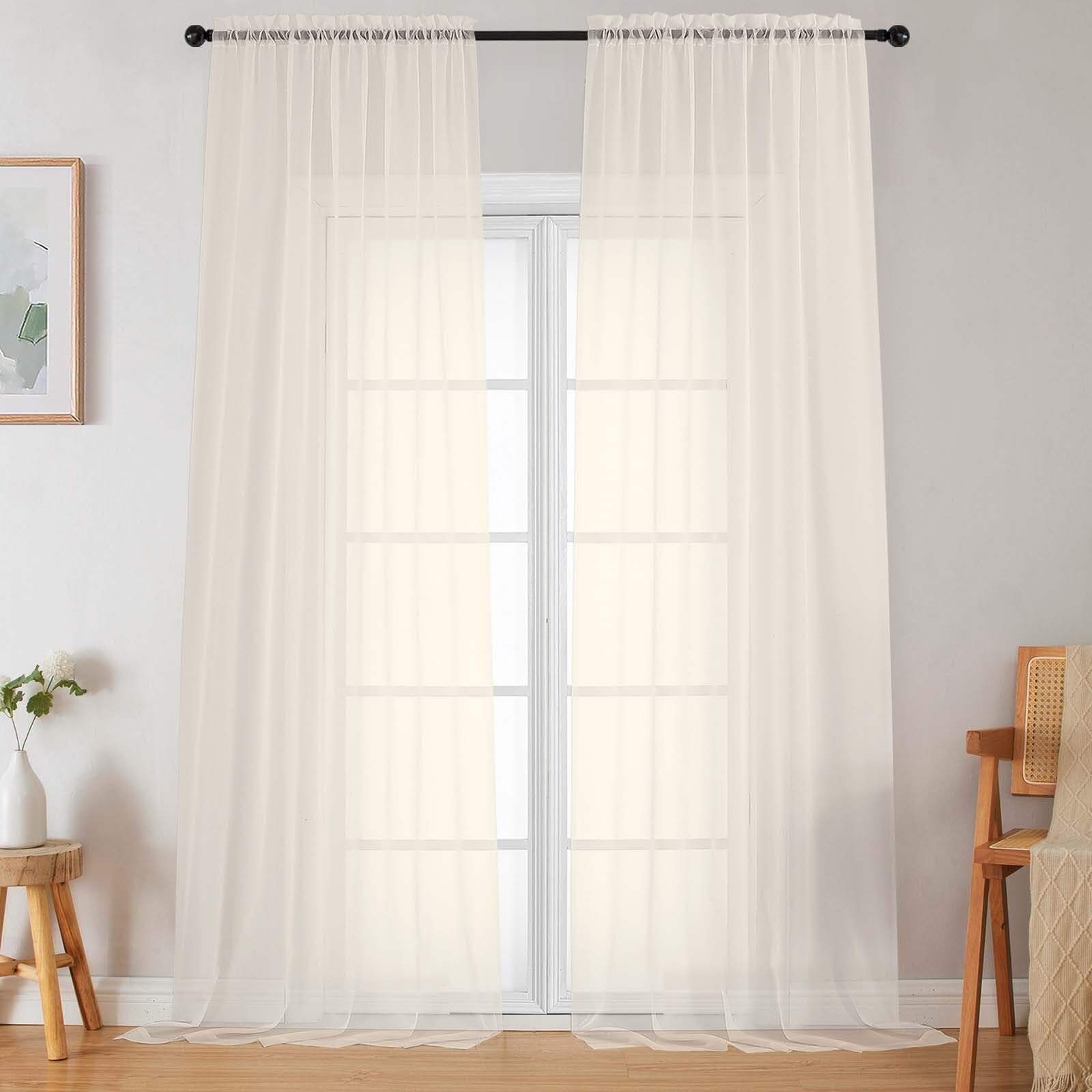Photo 1 of WelvetBLK Extra Long Sheer Cream Curtains for Bedroom Living Room 108 Inches Long 2 Panels Set, Solid Soft Light Filtering Rod Pocket Sheer Window Curtains, Cream, Each 42" Wx108 L Inch