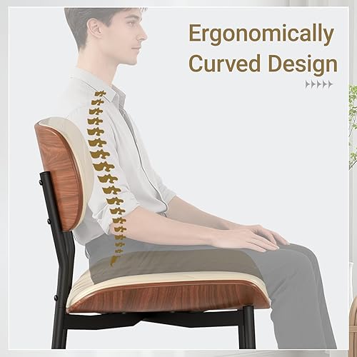 Miniatura 5 de Juego de 4 sillas de comedor modernas de mediados de siglo, sillas de cocina tapizadas de piel sintética con respaldo de madera curvada de nogal y