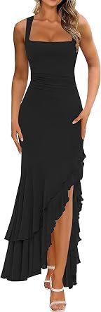 BORIFLORS Womens Elegant Bodycon Ruched Maxi Cocktail Dress