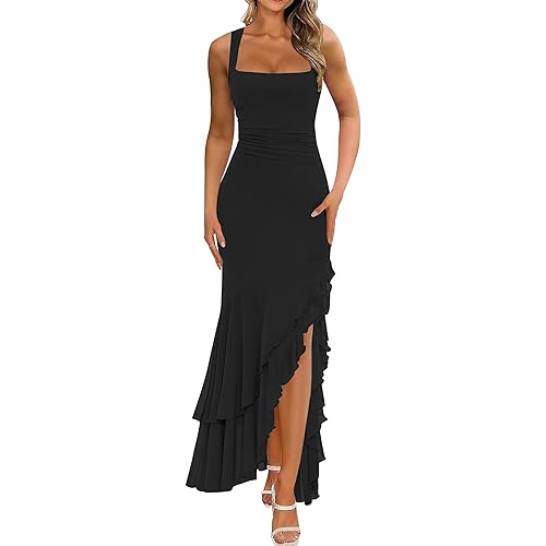 BORIFLORS Women's Elegant Bodycon Ruched Maxi Cocktail Dress Mesh Sleeveless Mermaid Ruffle Beach Wedding Guest Long Dresses