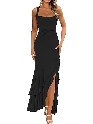 BORIFLORS Women's Elegant Bodycon Ruched Maxi Cocktail Dress Mesh Sleeveless