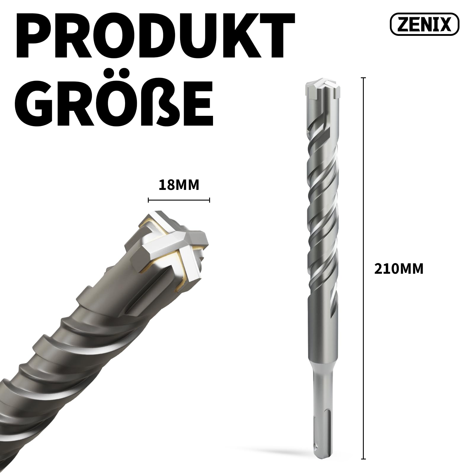 ZENIX Wiertło SDS Plus 18 x 210 mm – profesjonalne wiertło do betonu z 4 ostrzami tnącymi - idealne do kamienia, kamienia naturalnego, ścian z cegły i betonu zbrojonego