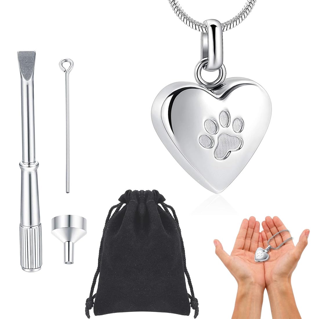 Gioielli Cremazione Animali Domestici Ceneri Ciondolo Stampa Zampa Animali Domestici Collana con Urna Forma Cuore Gioielli Commemorativi per Ceneri di Animali Domestici/Cane/Gatto（Argento）
