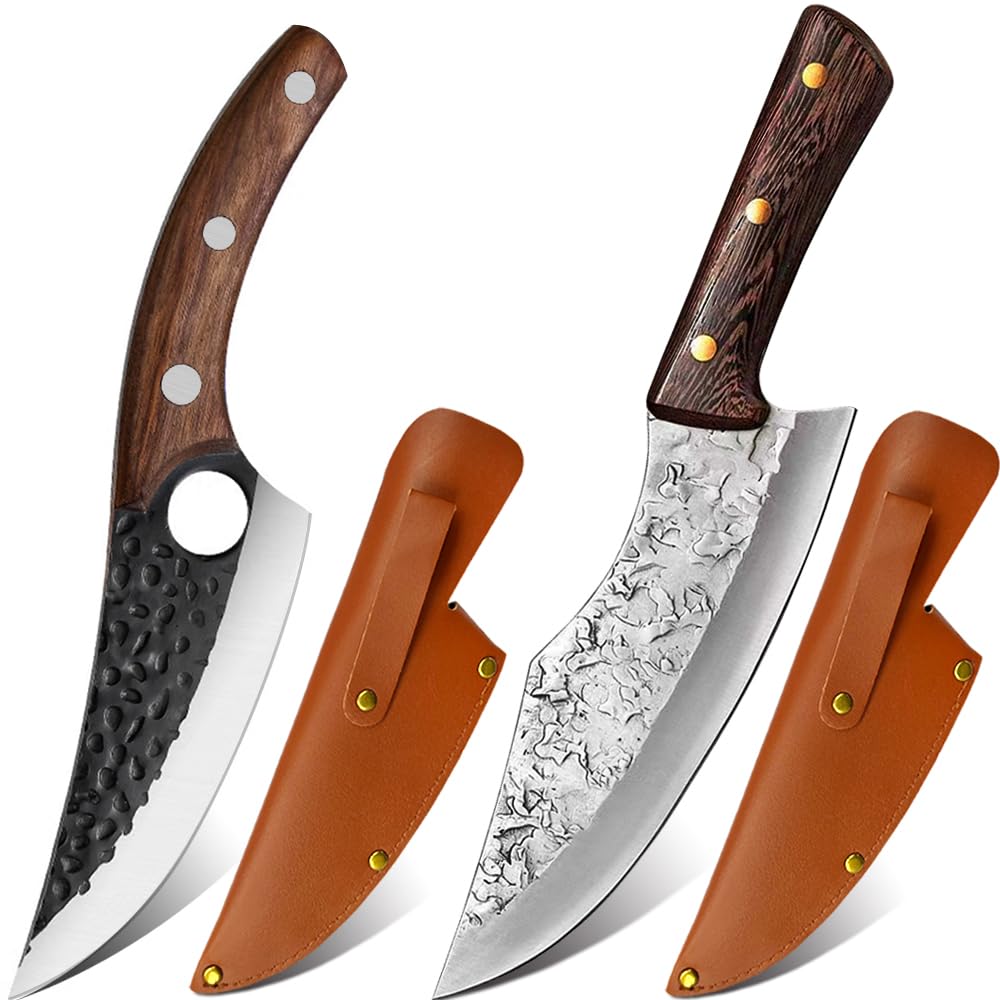 2 Stücke Kochmesser, Küchenmesser mit Lederscheide - Handgeschmiedet Chefmesser,Perfekt zum Schneiden Messer, Japanisches Scharf Messer für Zuhause (2 Stücke)