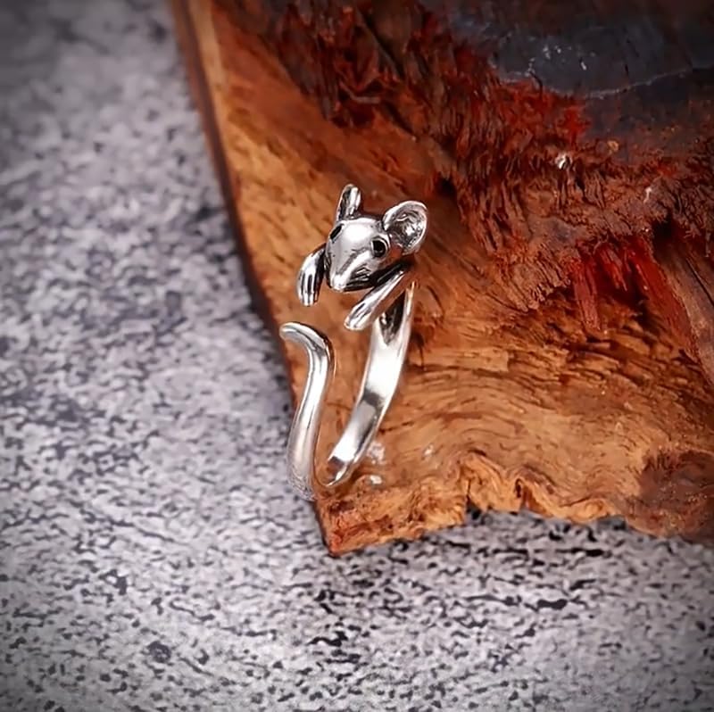 925 Sterling Silver Plated Rat Open Ring for Women,Cute Mouse Animal Cubic Zirconia Rings Adjustable Handmade Burnished Party Birthday Gift Jewelry Comfort Everyday Ring - Image 2