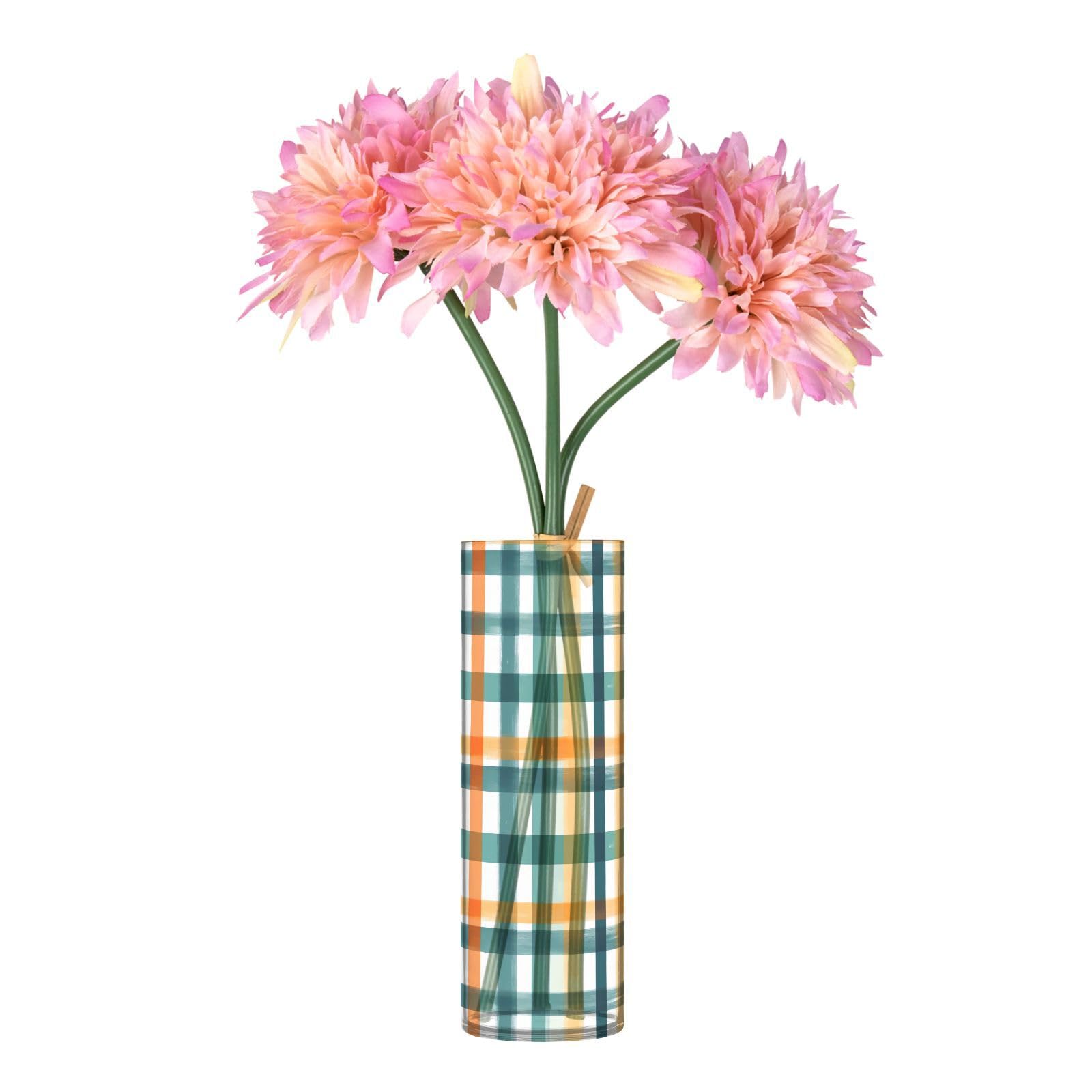 J JOYSAY Teal Yellow Plaid Flower Vase for Centerpieces Plastic Vase Hurricane Candle Holder for Dinners Decor