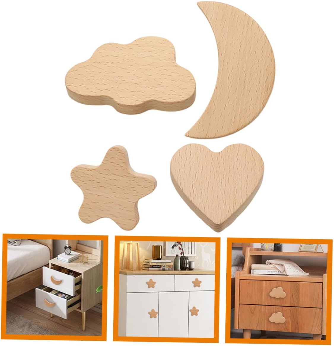 ORFOFE 4pcs Cartoon Wooden Drawer Knobs Decorative Handles for Boy Girl Furniture Safe and Easy to Install Stylish Single-Hole Cabinet Pulls Moon Heart Shapes
