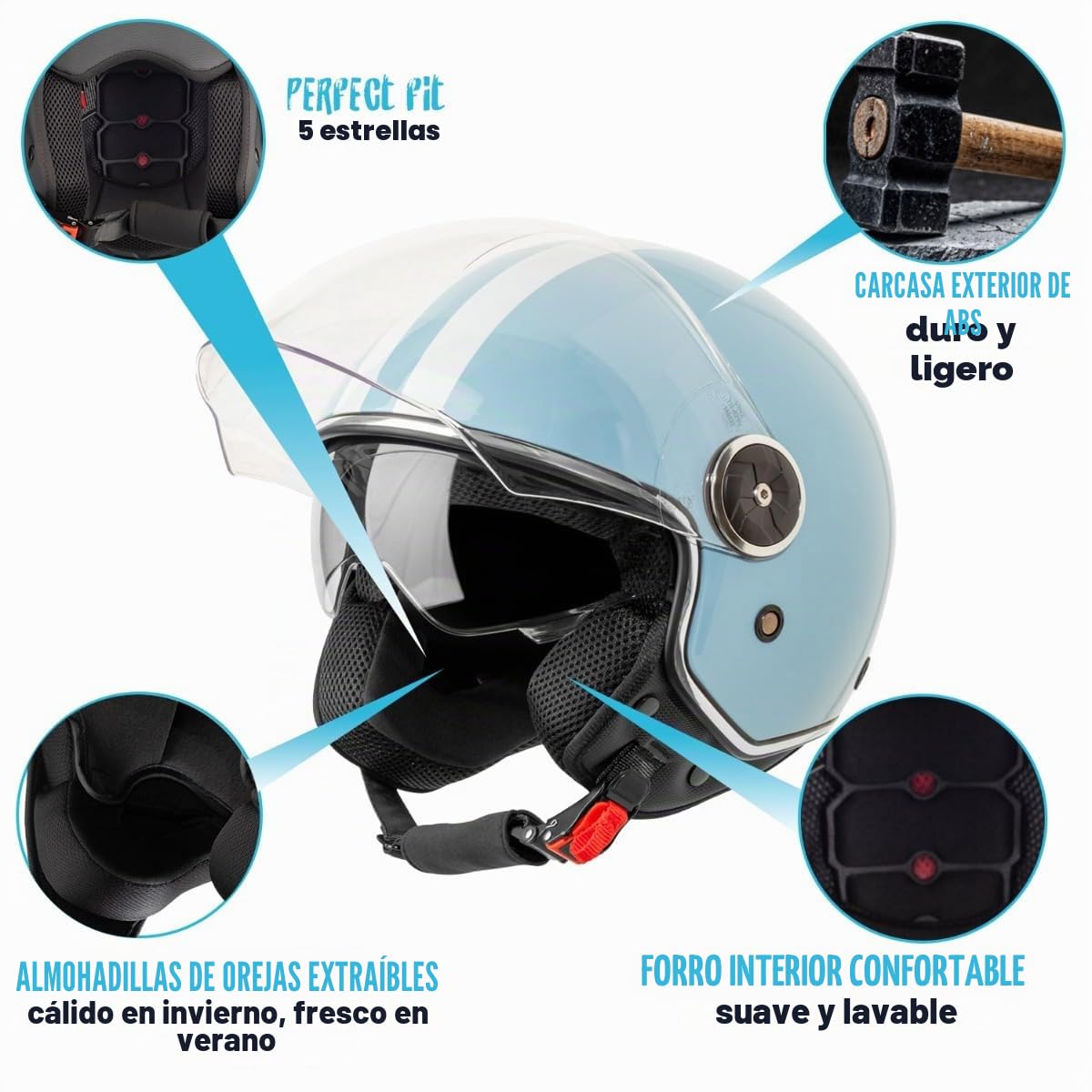 VINZ Arenas Casco Jet con Doble Visera | Casco Scooter & Moto & Ciclomotor | con Visera Solar & con Rayas | ECE 22.06 Homologado | En Tamaño XS - XXL | para Hombre y Mujer