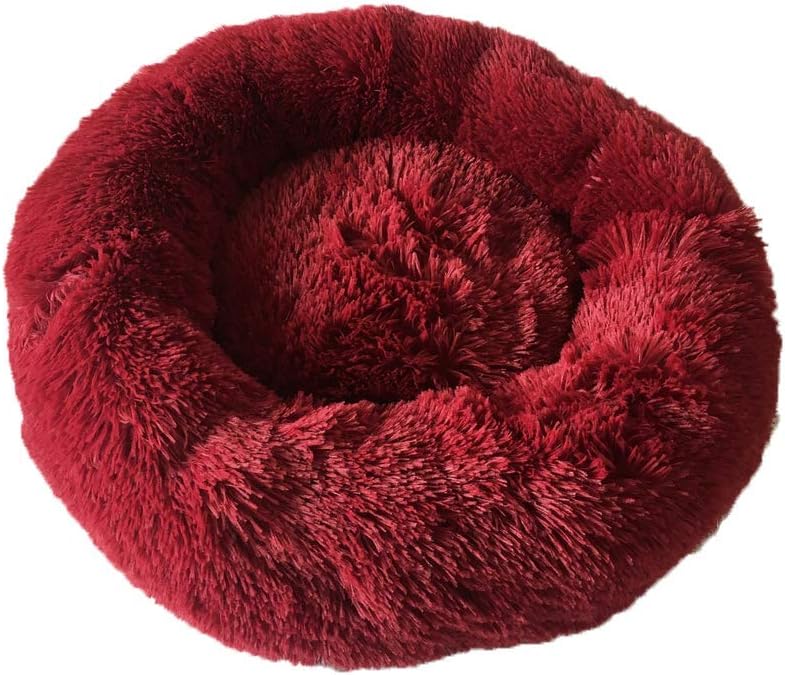 Pet Bed, Fluffy Luxe Soft Plush Round Cat and Dog Bed, Donut Cat and Dog Cushion Bed, Self-Warming and Improved Sleep, Orthopedic Relief Shag Faux Fur Bed Cushion (60, Wine)