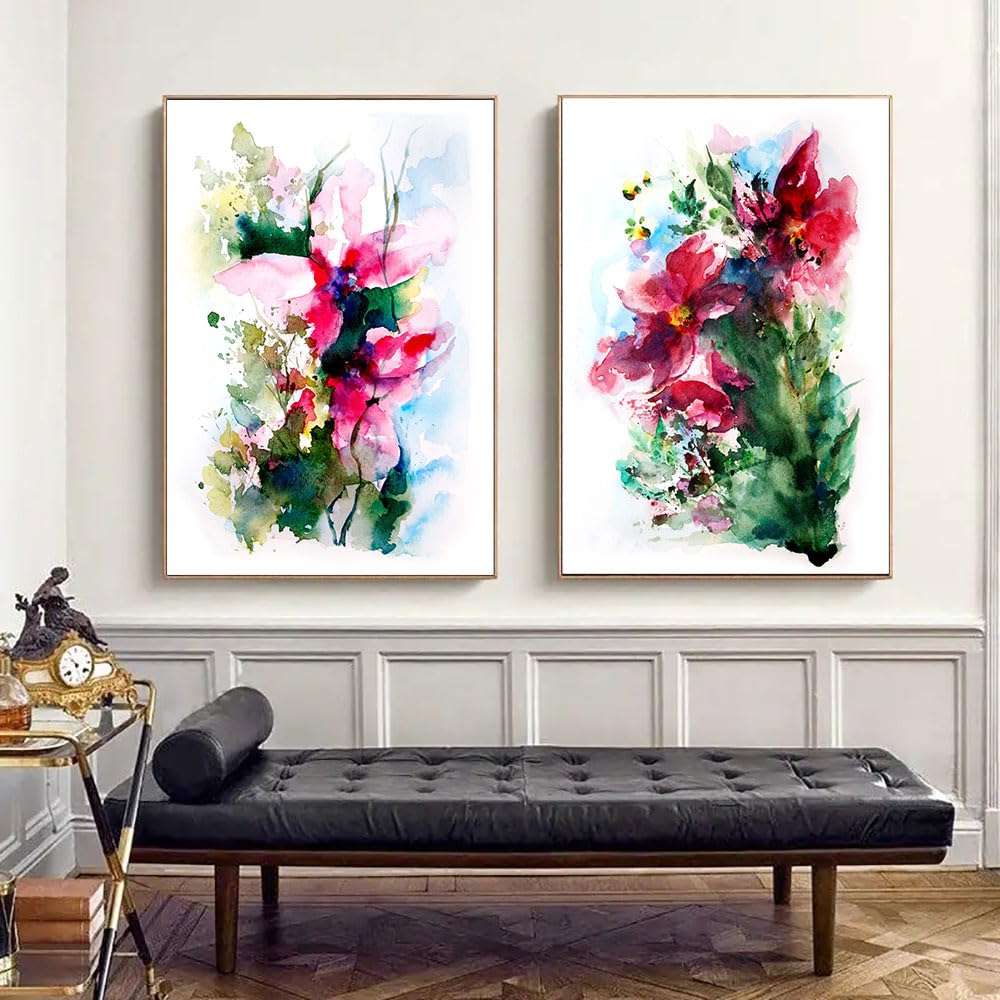 WUHBCZ Pictures,Abstract Green Pink Abstract Florals Art Prints Flowers Watercolor Painting Living Bedroom Kitchen Room Picture Wall Decor Canvas Posters-50 * 60cm*2PCS (No Frame)