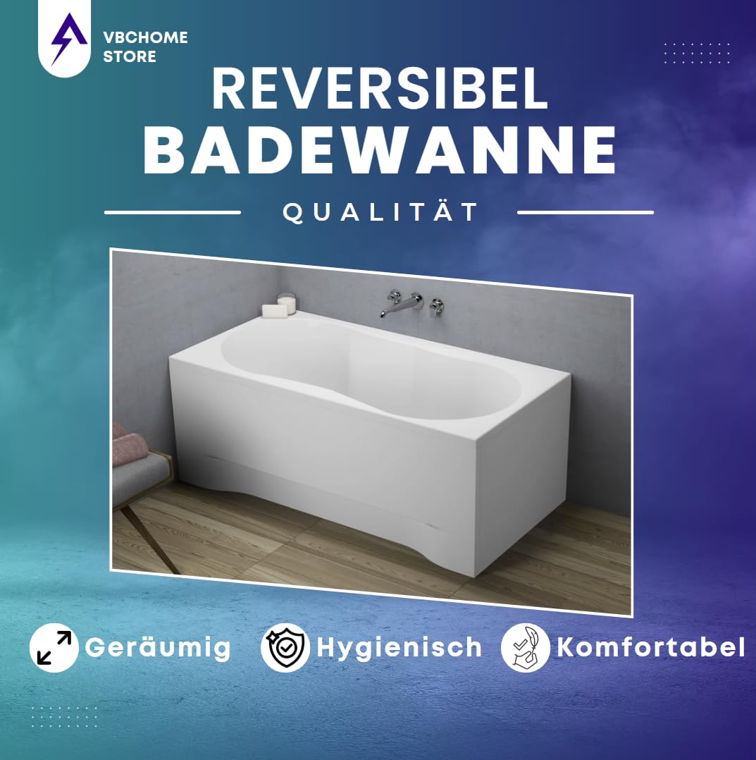 VBChome Badewanne 180x80 cm Weiß Acryl Schürze Wannenfüße Siphon Rechteckig Wanne Abfluss Design Modern Ablaufgarnitur in Chrom Badewanne mit Schürze