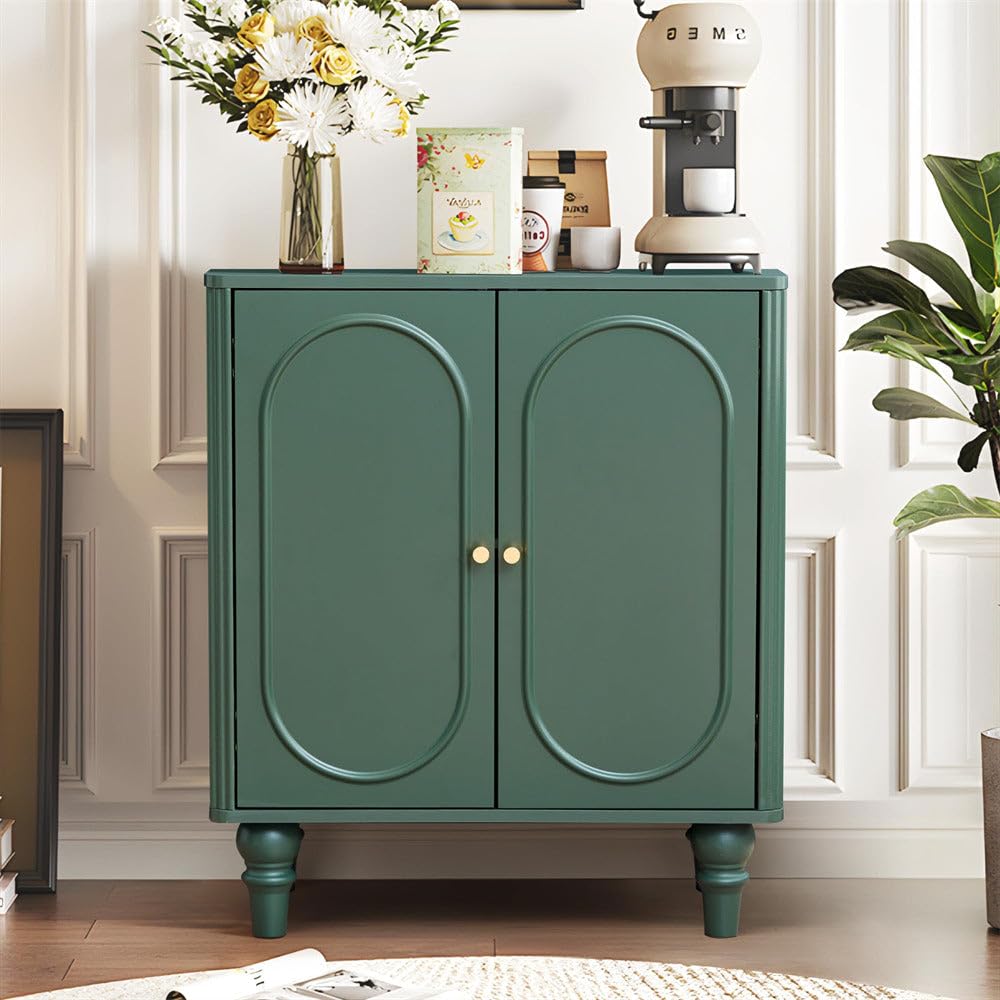 furniture wooden sideboard cabinet, 2 door storage cabinet for living room & dining room, modern arched panel console table with fluted sides. (green)