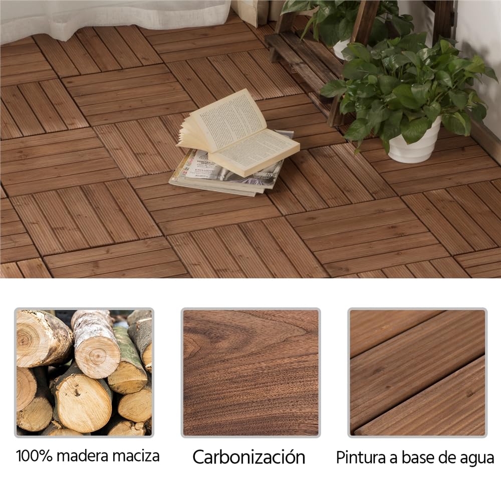 Yaheetech Set de 27 Baldosas de Abeto 30x30 cm para 2,6 m² 5 láminas de Suelo de Madera Piso Antideslizantes Terraza Piscina Jardín Patio Balcón Baño Marrón — view 3