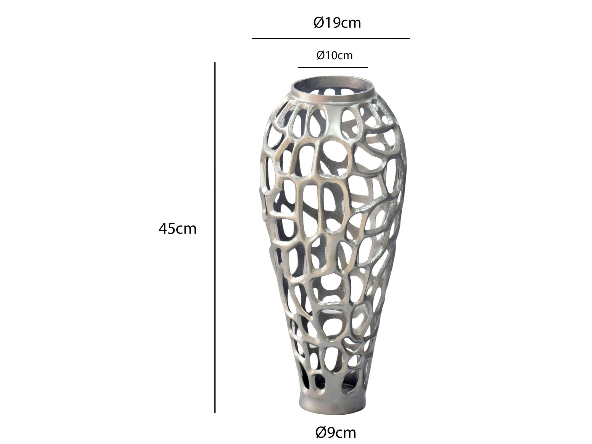 WOHNLING Bodenvase 19x19x45 cm Aluminium Silber, Standvase Skulptural | Blumenvase groß für Trockenblumen und Pampasgras, Dekovase Metall schlank, Vase XXL handgefertigt, jedes Stück ein Unikat