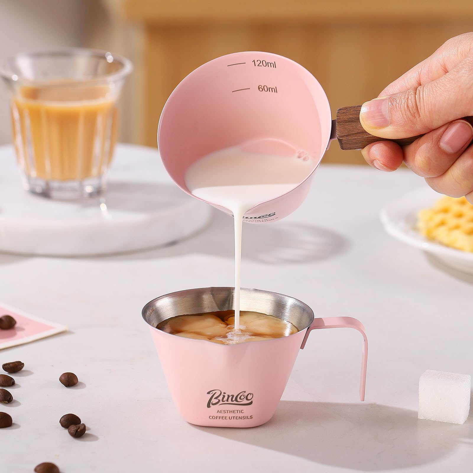 Pink Espresso Shot Cup with Wood Handle - 2 Pack Stainless Steel Espresso Measuring Cup,120ML Espresoo Pouring Cup Set of 2