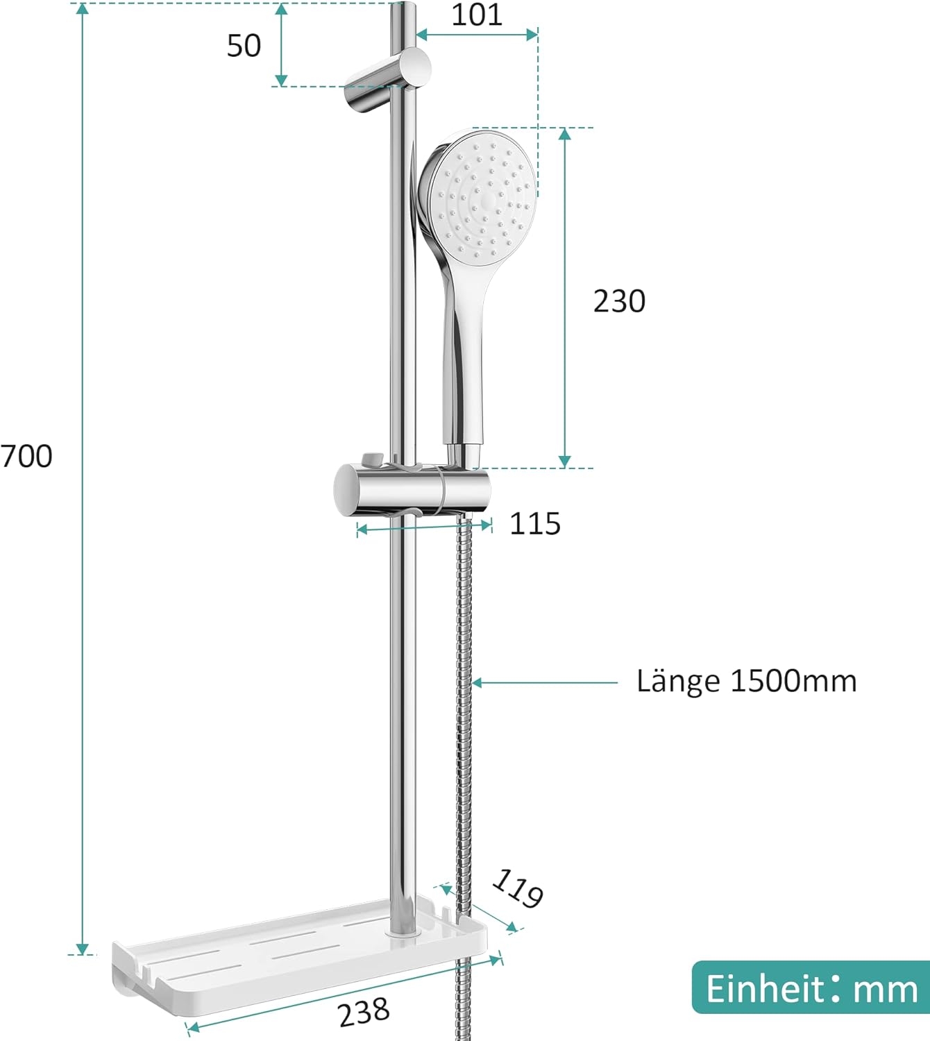 Diagram showing dimensions and installation points of the EMKE Shower Rail Set