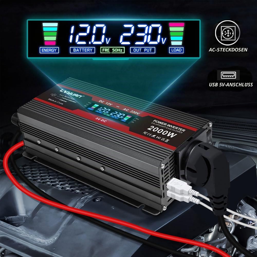 LVYUAN Wechselrichter 12V 230V 2000W Spannungswandler Power Inverter mit 2 USB LCD Alligatorclip Zigarettenanzünder Stecker Stromumwandler für Auto KFZ Wohnwagen LKW