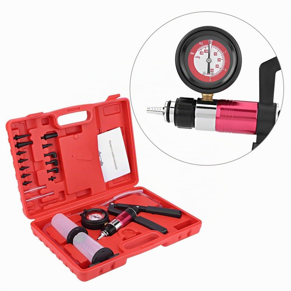 Kit Tester Pompa Vuoto Manuale per Auto con Spurgo Freni 22 Pezzi Custodia Rossa Adattatori Universali