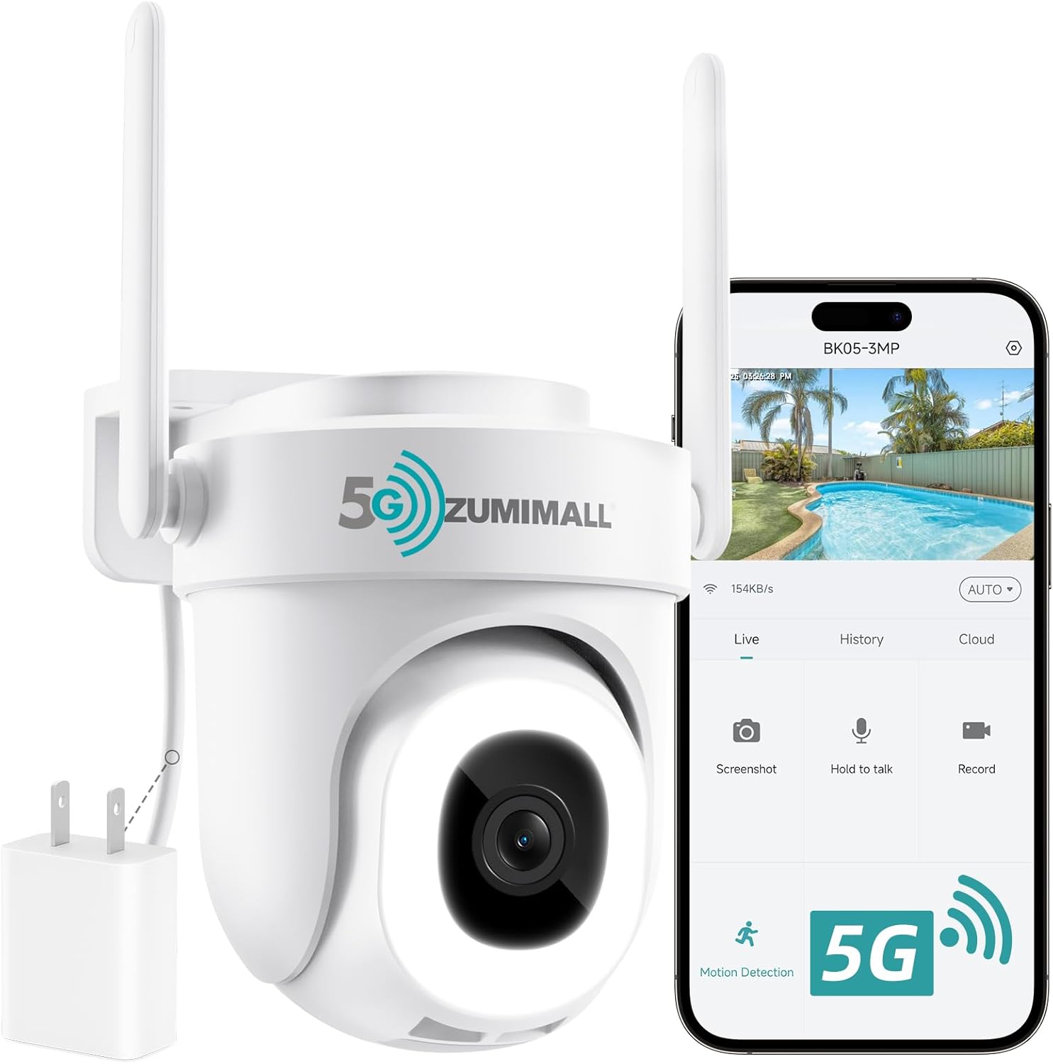 ZUMIMALL 2.4G/5G WiFi Outdoor Wired Security Camera, 24/7 Recording, 360 View, AI Motion Detection, Cloud & SD Card Storage, Full Color Night Vision, 2-Way Audio, PTZ Auto Tracking, Works with Alexa