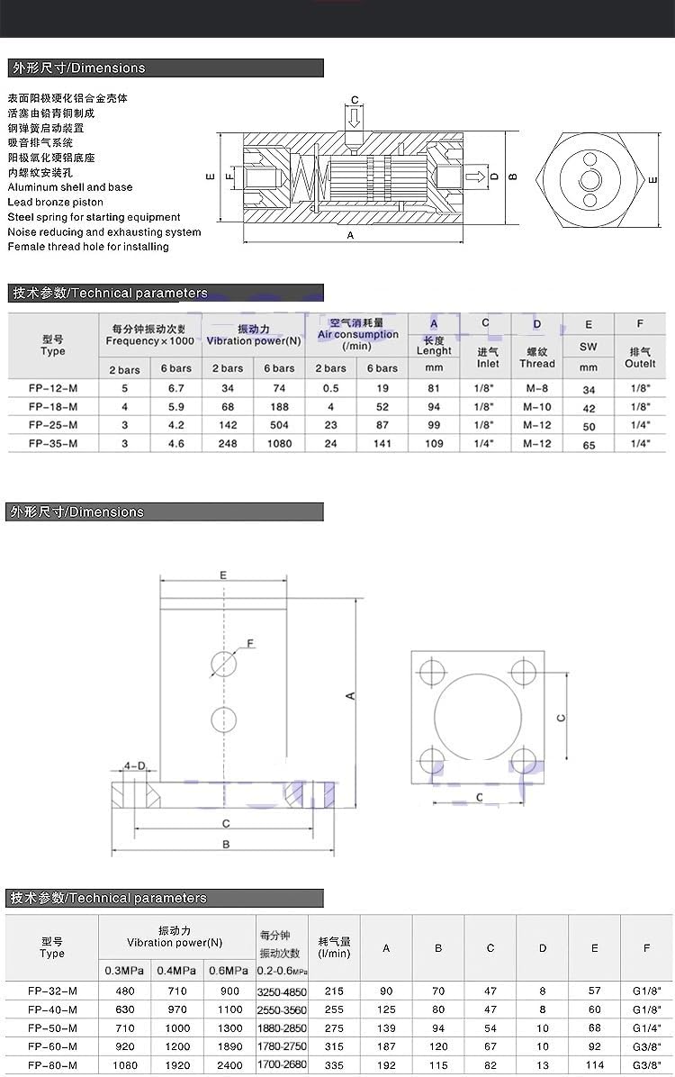 Piston Pneumatic Vibrator FP-80-M With Flange Plate Oscillator Pneumatic Hammer Aluminum Alloy Feeder Oscillation 1Pcs