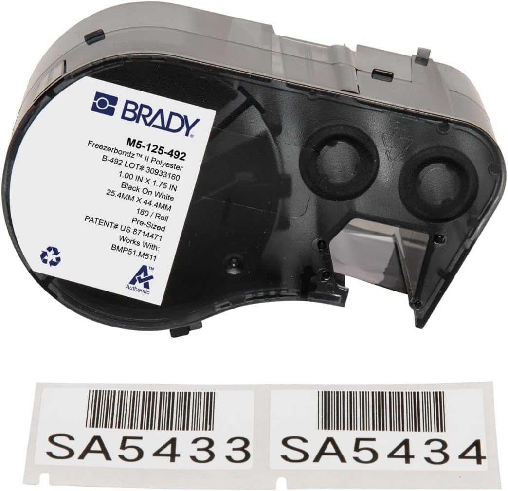 Brady FreezerBondz™ Polyester Pre-Sized Labels for Label Printer BMP51/BMP53/M511-180 Self Adhesive Printer Labels - Black on White (44,45 mm (W) x 25,40 mm (H)) - M5-125-492