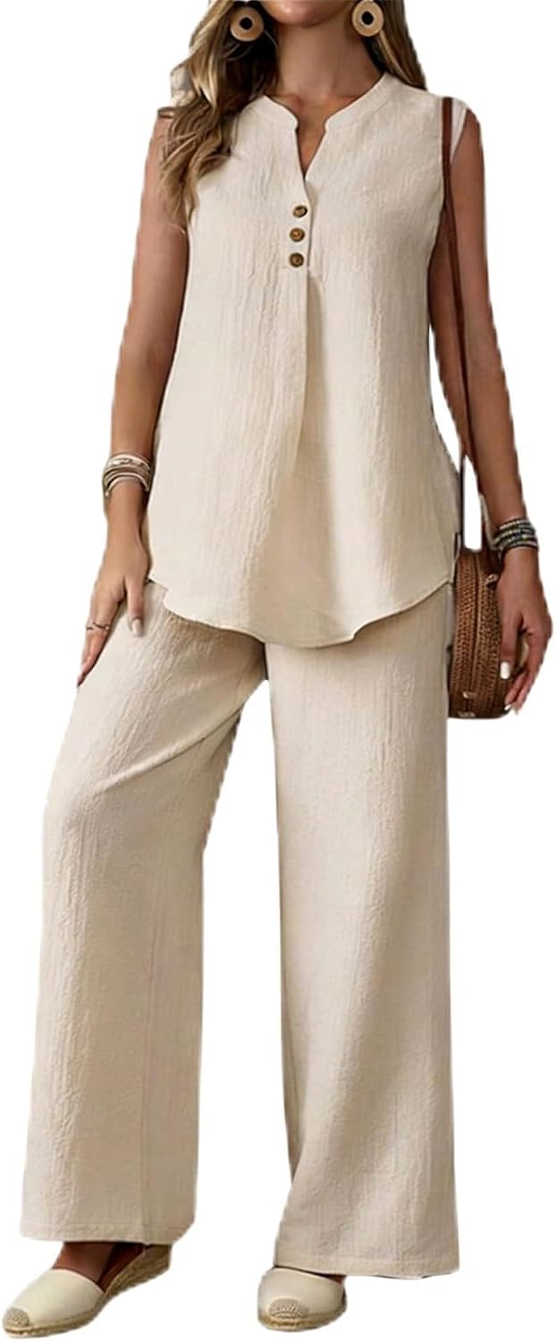 Xiaojmake Women 2 Piece Lounge Set V Neck Sleeveless Tank Top & Wide Leg Pant Summer Casual Daily Travel Party Airport Outfit