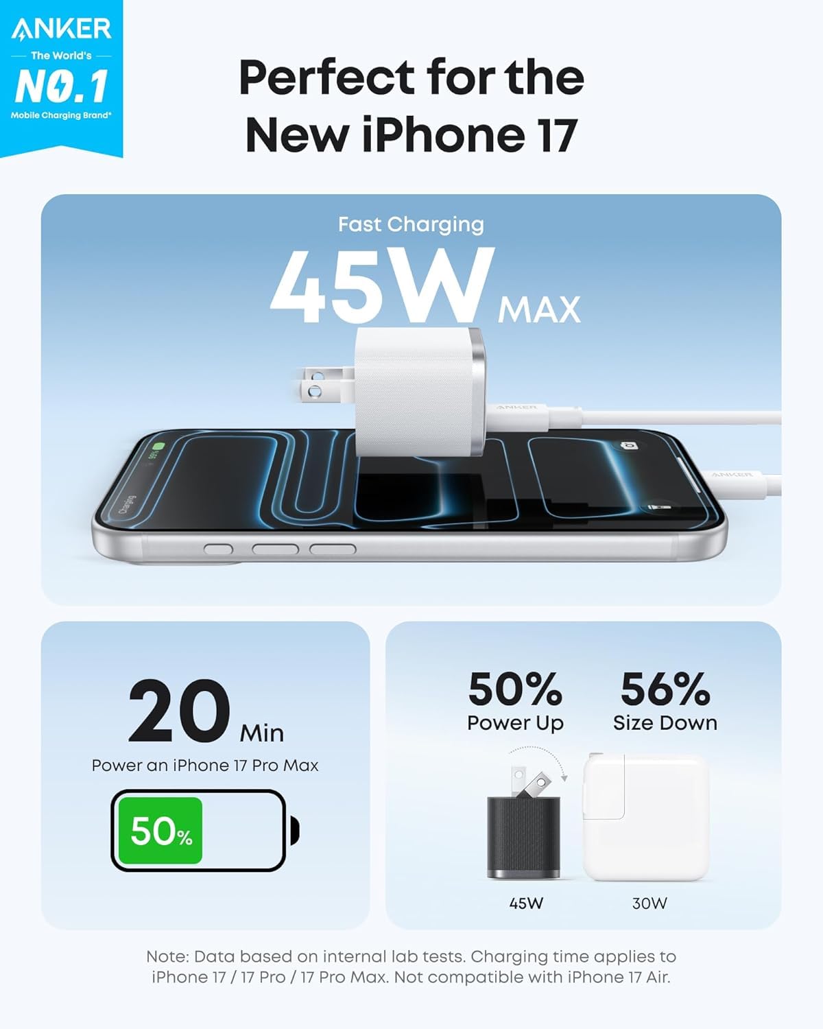 Anker Nano Charger, 45W Fast Charging, Compact and Foldable Plug USB C Charger Block for iPhone 17 Series, MacBook, Pixel 9, iPad, Samsung Galaxy S25 Ultra / S24 Series (6 ft Cable Included) - 2