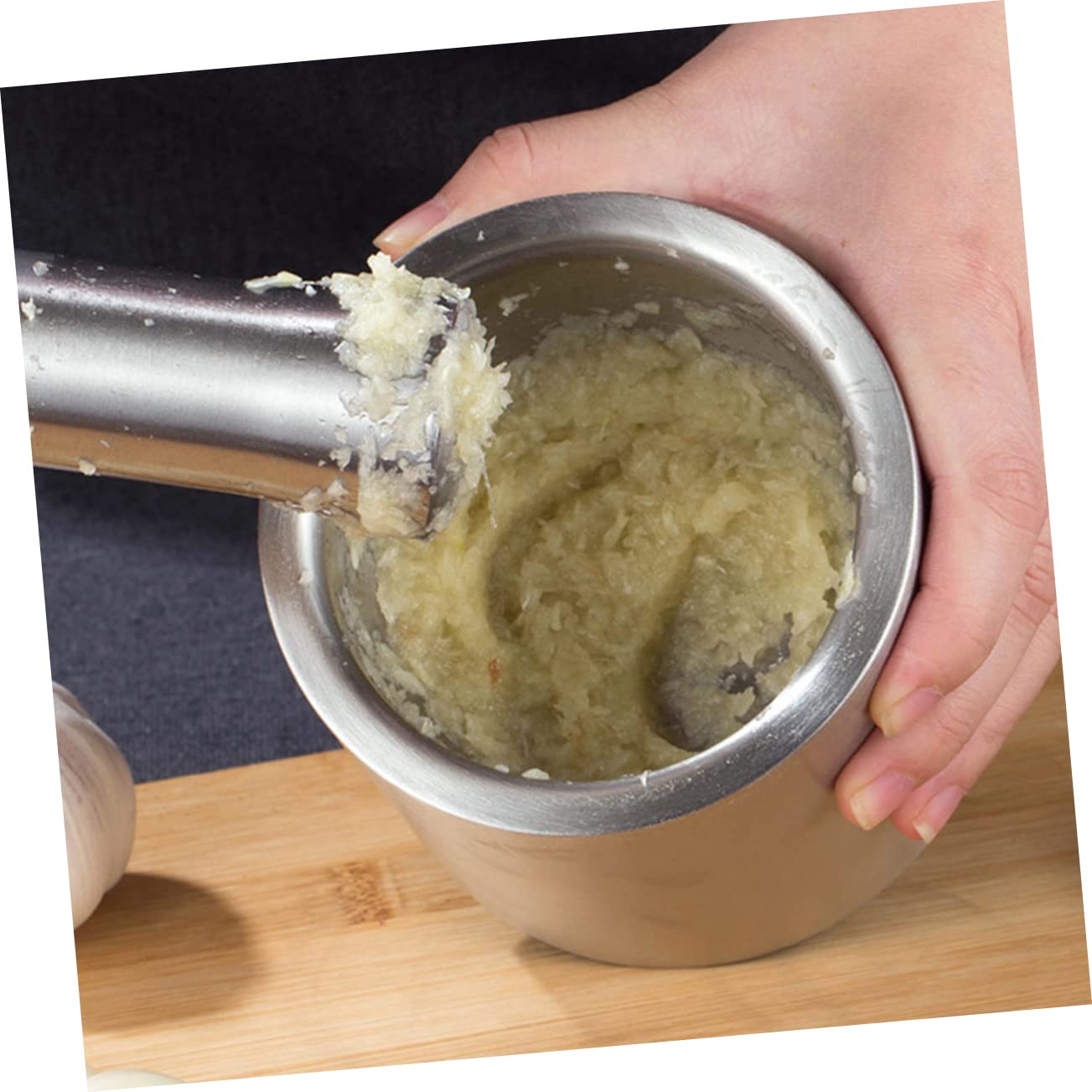 PRETYZOOM Stainless Steel Garlic Pounder Grinders Bowl Ginger Chili Masher Pad Comfortable Grip Capacity