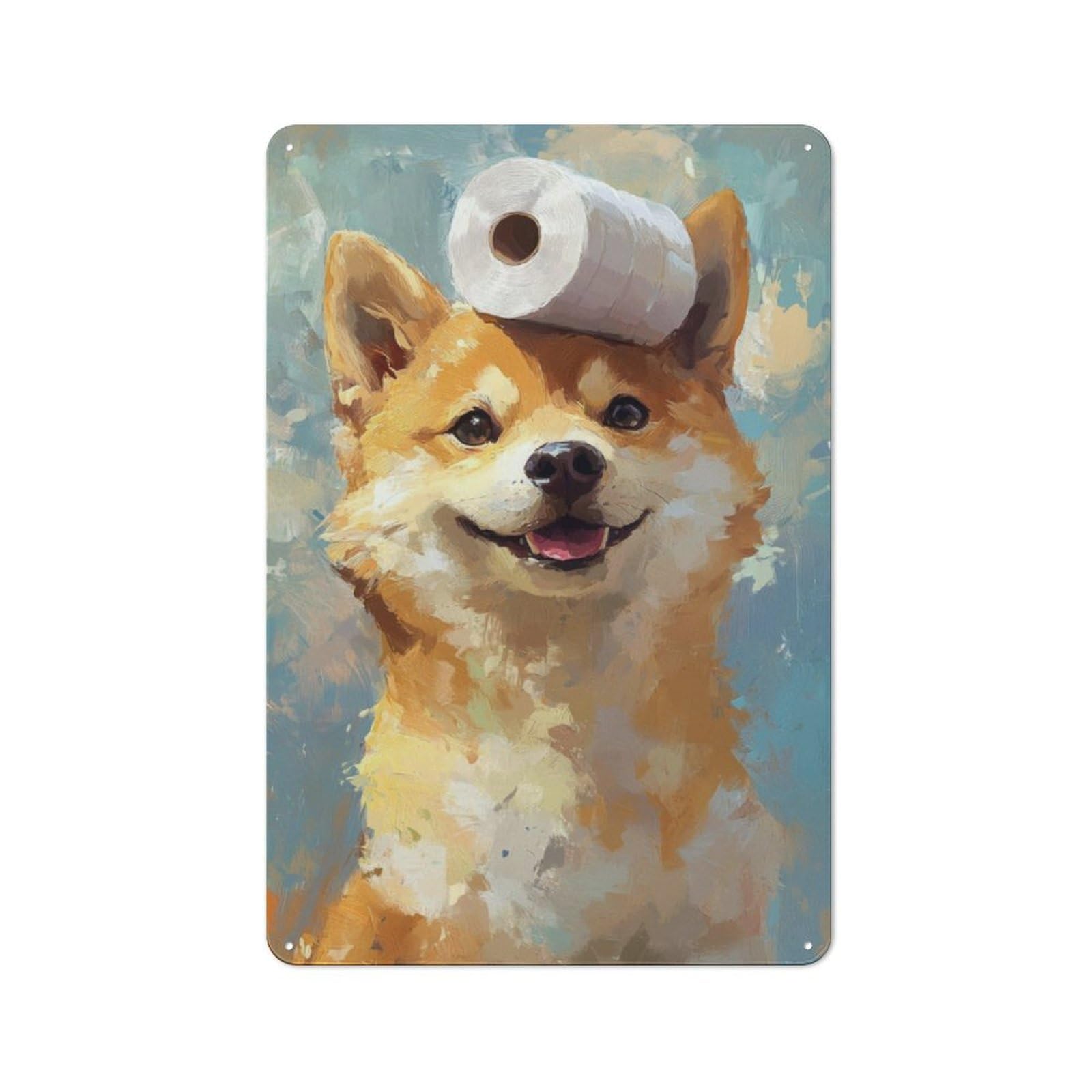 Shiba Inu with Toilet Paper Character Metal Wall Decor 30x20cm, Vintage Metal Sign for Home, Shop, Pub Or Studio Wall