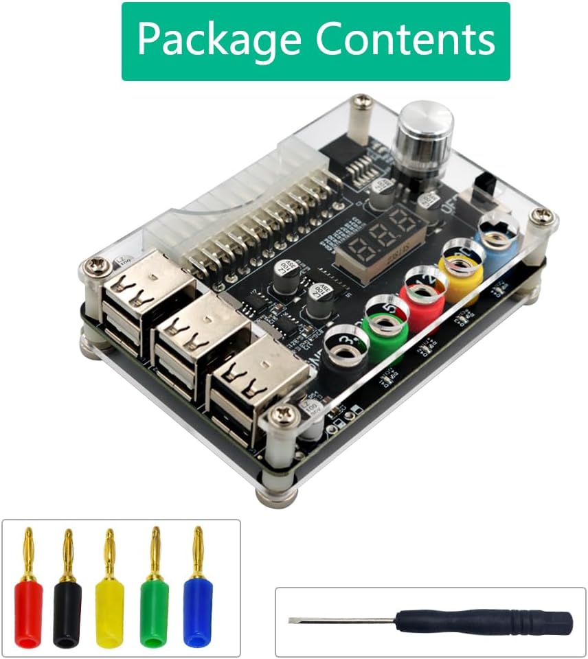 HLT ATX Power Supply Breakout Board with Adjustable Voltage Knob and 6- Port USB 2.0,and QC 2.0/QC 3.0, 3A Maximum Output,