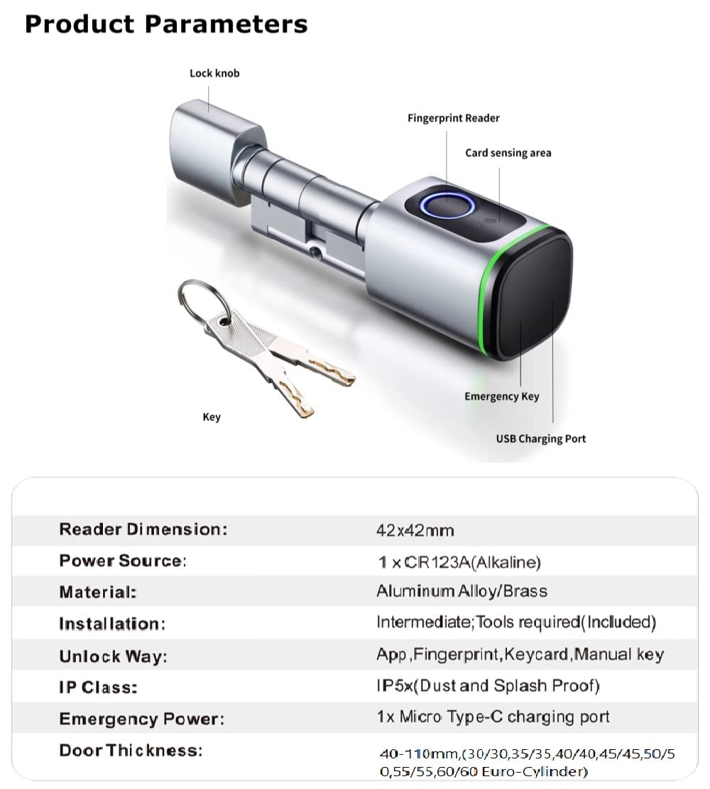 zemismart Bluetooth Euro Barrel Lock 45/45 deurcilinder, Elektronische Smart Lock Vingerafdruk/IC-kaart/sleutel/APP ontgrendelen, Tuya APP Timer/Afstandsbediening via Tuya BLE hub (zwart 90 mm