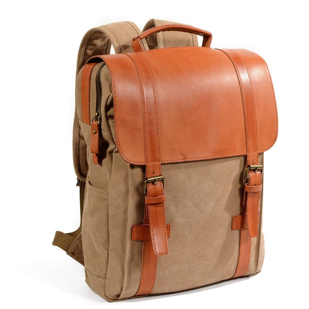 Mochila Informal de Cuero Para Hombre Unisex Canvas mochila de senderismo escolar la escuela viajes mochilas bolsas casuales(Khaki)