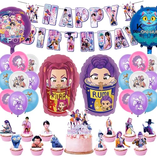 46 peças decoração de aniversário Hunters, Hunters Merch com Banner Happy Birthday, balões de letras e top para bolo, decoração de festa Demon para fãs e aniversários