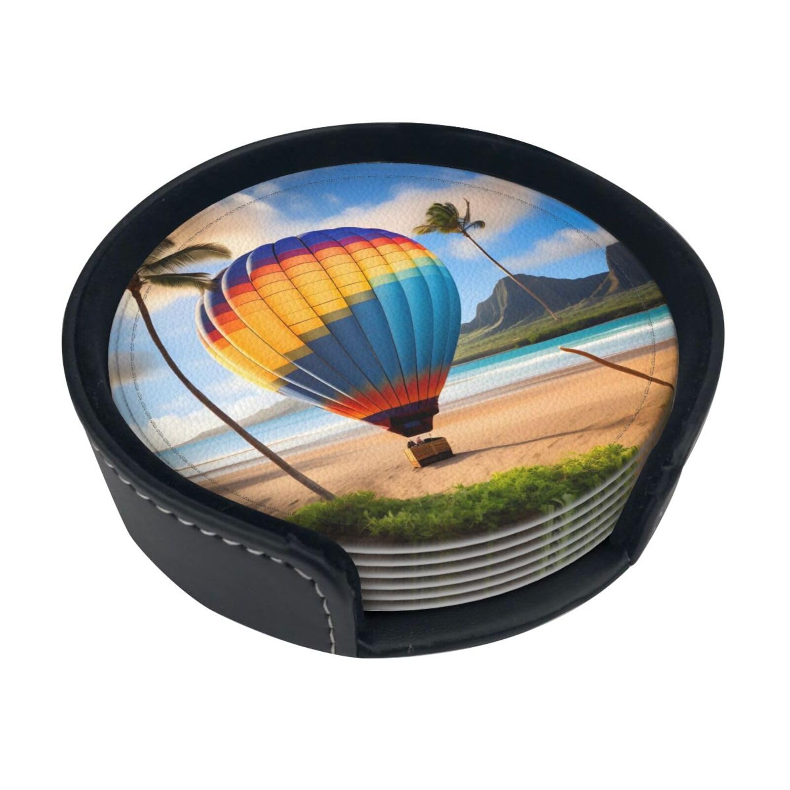 Cntdbu White Hawaii Hot Air Balloon Leather Coasters Set Of 6-Pu Leather Drink Mats For Table, Heat Resistant Round Coasters With Holder