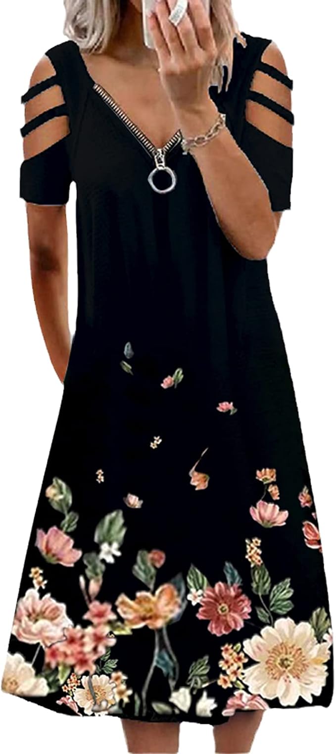 AmShibel Abiti Estivi per Donne Casual Scollo a V Manica Corta Strappy  Spalla Fredda Sundress con Cerniera T-shirt Midi Vestito Fiore-nero. M :  Amazon.it: Abbigliamento